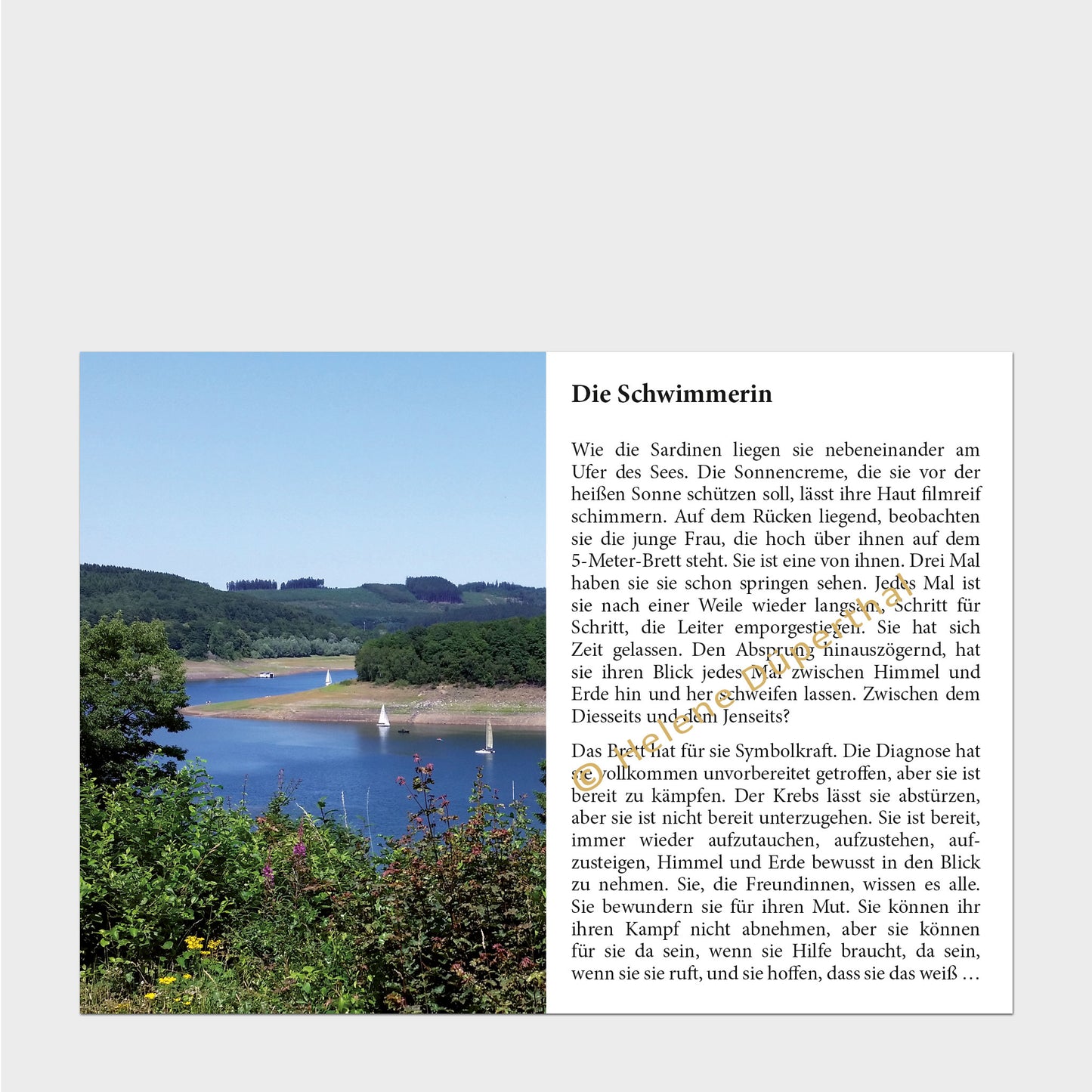 Ein See mit Segelboten vor blauem Himmel und daneben eine Geschichte