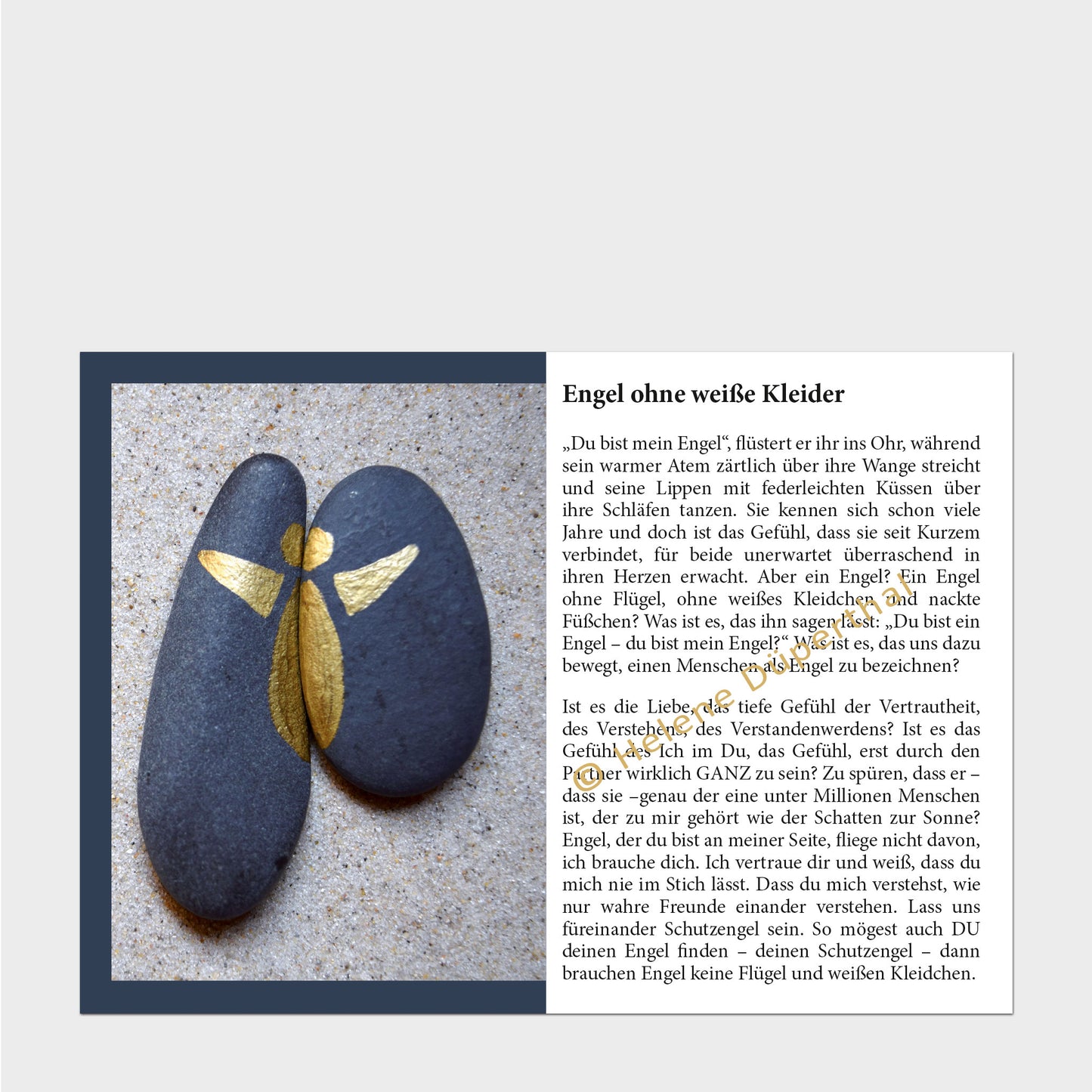 Ein stilisierter Engel auf zwei nebeneinander liegenden Kieselsteinen und daneben eine Geschichte