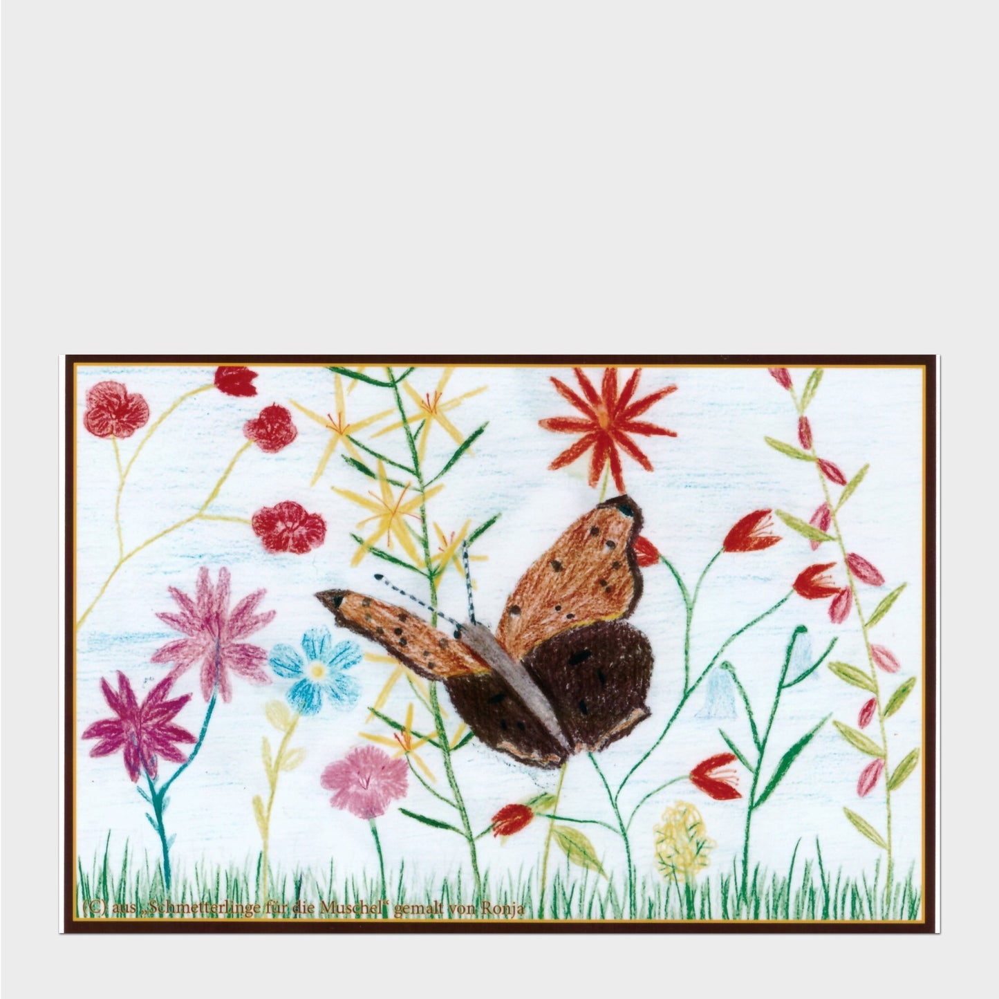 Grußkarte mit Blumen und einem großen Schmetterling gemalt von einem Kind