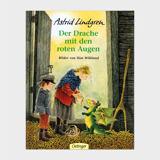 Buchcover ein Mädchen und ein kleiner Junge stehen in einer Scheune vor 
einem kleinen Drachen