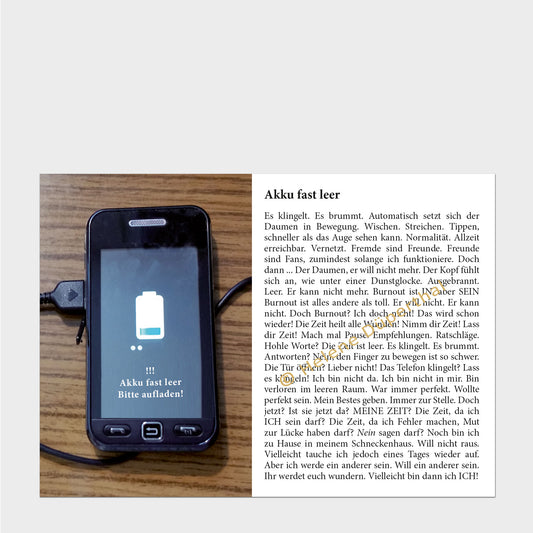 Ein Handy mit angezeigtem Ladezustand und daneben eine Geschichte