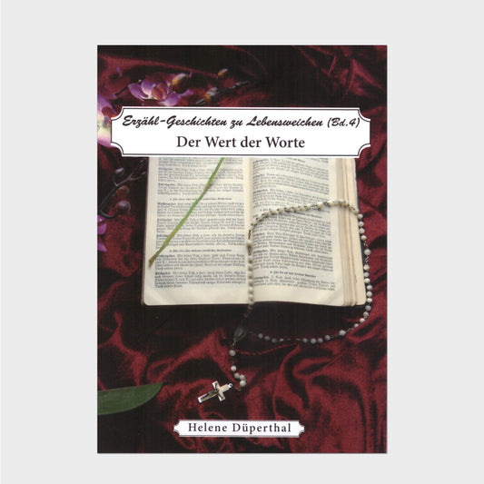 Buchcover Ein altes Gebetbuch und ein Rosenkranz auf dunkelrotem Samt