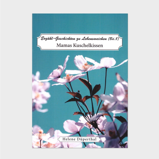 Buchcover mit weiß-rosa Blüten vor blauem Himmel