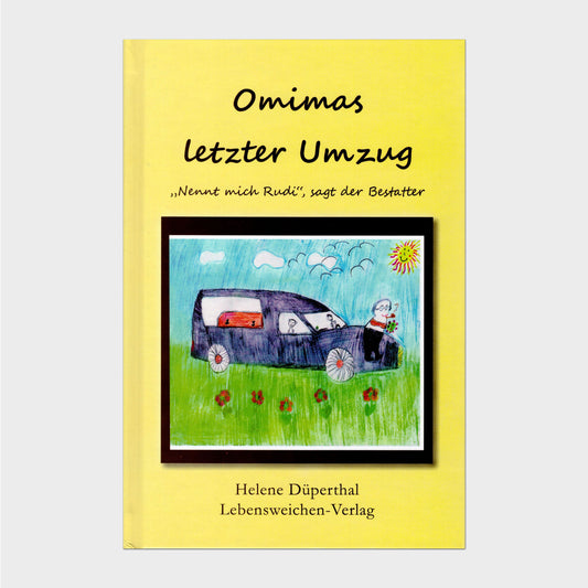 Buchcover Ein Kinderbild von einem Bestattungswagen auf dessen Kühlerhaube der Bestatter sitzt