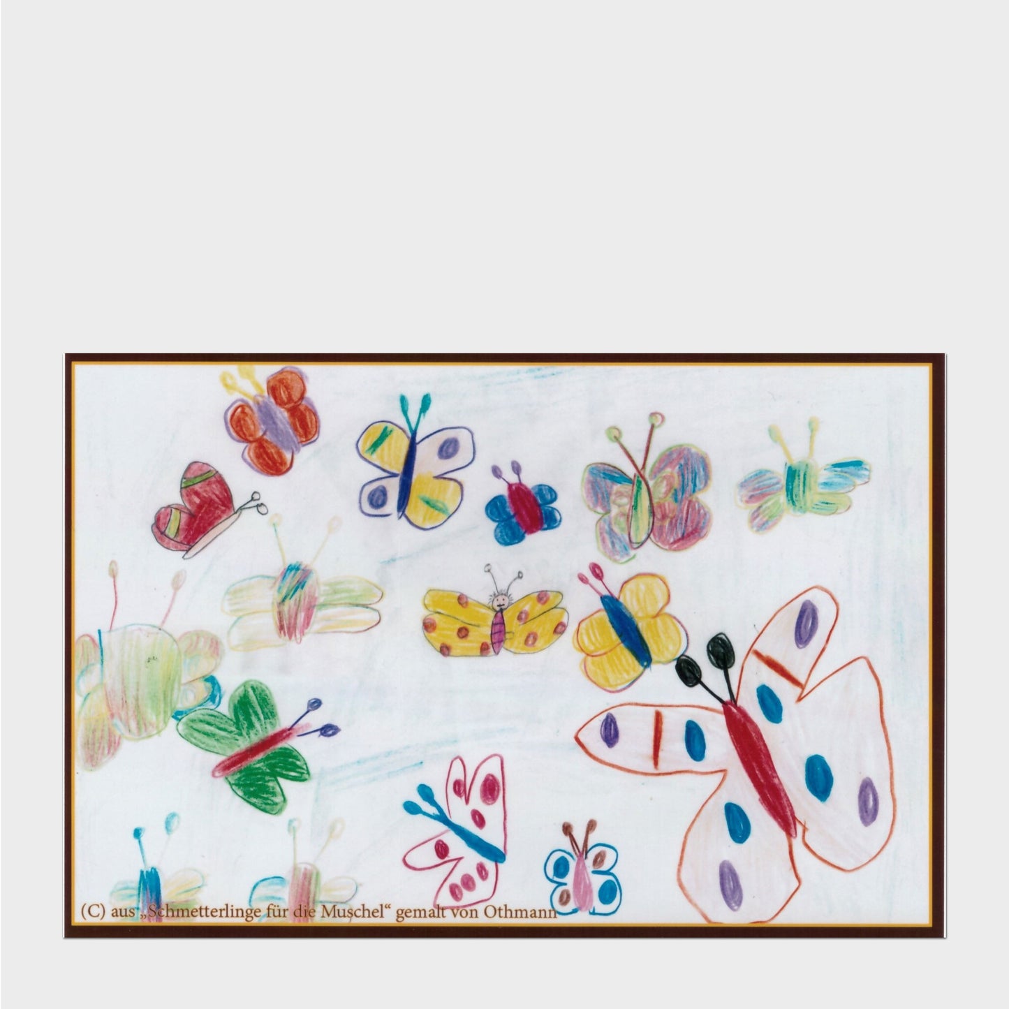 Grußkarte mit bunten Schmetterlingen gemalt von einem Kind