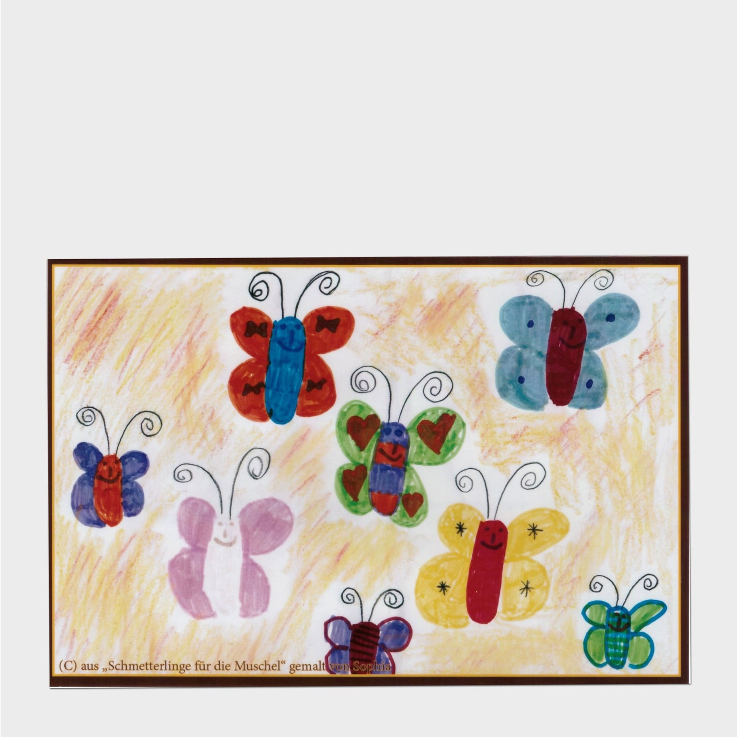 Grußkarte mit bunten Schmetterlingen gemalt von einem Kind